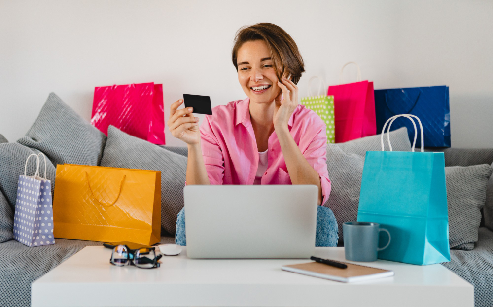happy-smiling-woman-pink-shirt-sofa-home-among-colorful-shopping-bags-holding-credit-card-paying-online-laptop